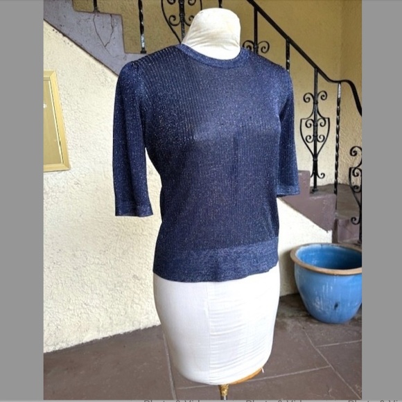 VERONICA BEARD Ume Blue Metallic Shimmer Short Sleeve Knit Top EUC/sz L - Picture 7 of 11